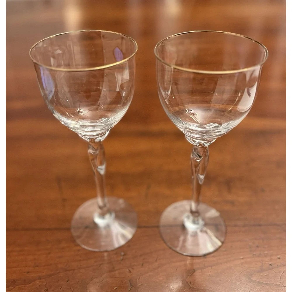Vintage Lenox Unity Gold Crystal Wine Glasses - Pair of 2‎ Gold Rim Twisted Stem